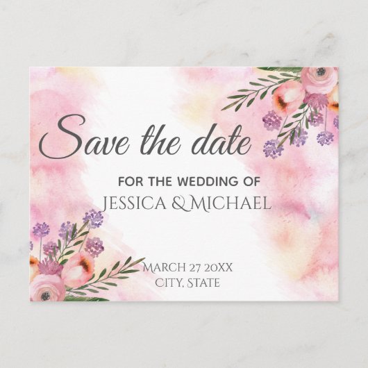 Boho Aquarell Blumenstrauß Save the Date Postkarte (Vorderseite)