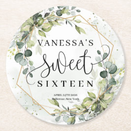 Boho Aquarell Eukalyptus Gold 16. Geburtstag Runder Pappuntersetzer