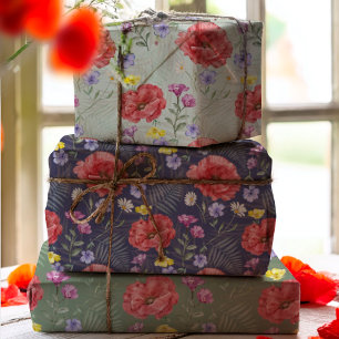 Boho-Aquarell-Farbenfrohes-Wildblumen-Muster Geschenkpapier Set