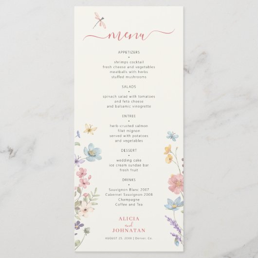 Boho Aquarell Frühjahr Blumenhochzeit Menükarte (Vorderseite)