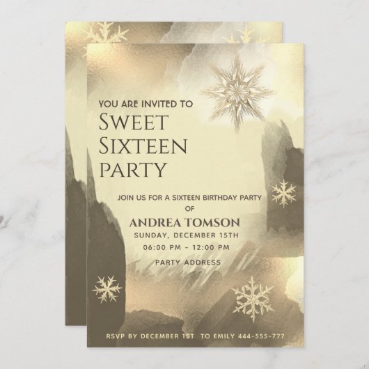 Boho Aquarell Goldschneeflocken Sweet 16 Party Einladung (Vorne/Hinten)
