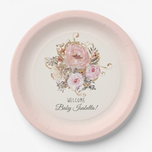 BOHO Aquarell Herbst Floral Blush Baby Girl Shower Pappteller (Vorderseite)