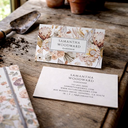 Boho-Aquarell-Protea-Wildblumen-Gärtner Visitenkarte