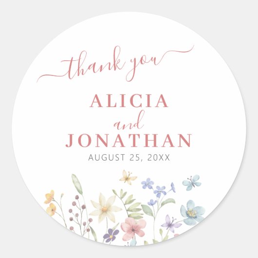 Boho Aquarell Wildblume Hochzeit Runder Aufkleber (Vorderseite)