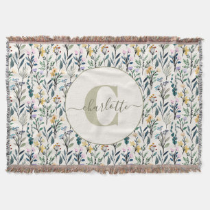 Boho-Aquarell-Wildblumen-Muster-Monogramm-Name Decke