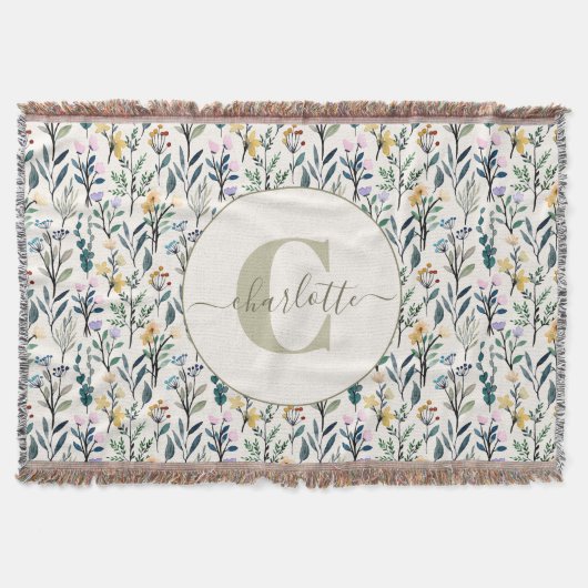 Boho-Aquarell-Wildblumen-Muster-Monogramm-Name Decke (Vorderseite)