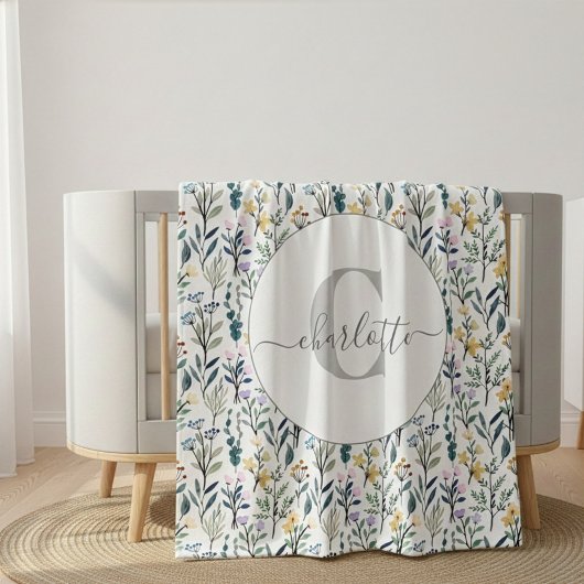 Boho-Aquarell-Wildblumen-Muster-Monogramm-Name Fleecedecke