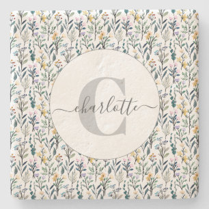 Boho-Aquarell-Wildblumen-Muster-Monogramm-Name Steinuntersetzer
