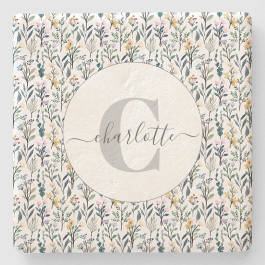 Boho-Aquarell-Wildblumen-Muster-Monogramm-Name Steinuntersetzer (Vorderseite)