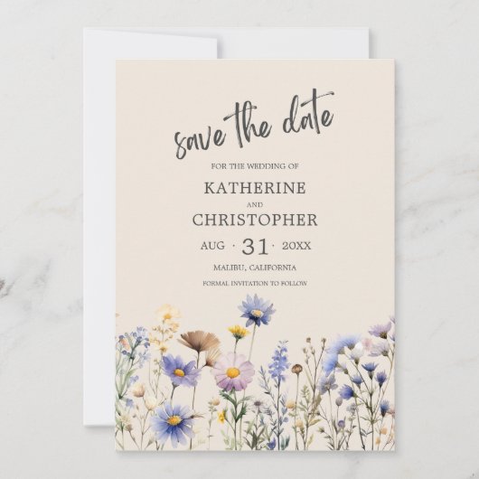 BOHO Aquarellfarben Wildblumen Elegante Beige Hoch Save The Date (Vorderseite)