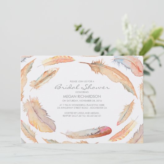 Boho Aquarellfedern Stammes-Brautparty Einladung (Stehend Vorderseite)