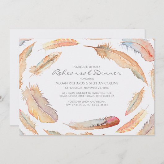 Boho Aquarellfedern Stammesessen Probe Einladung (Vorne/Hinten)