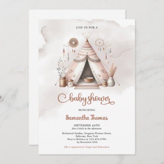 Boho Aquarellzelt geschlechtsneutral Elfenbeinrost Einladung (Vorne/Hinten)