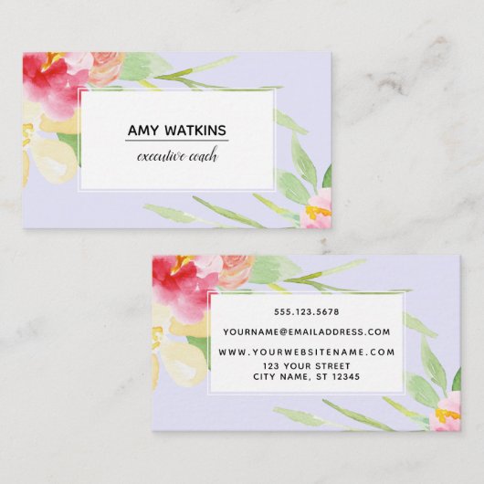 Boho Aquatercolor-Blume über Lavender Visitenkarte (Vorne/Hinten)