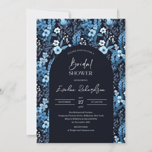 Boho arch Aquarell Marine und weiße Wildblumen Einladung (Vorderseite)