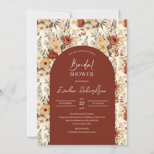 Boho arch Aquarell Terracotta-gelbe Wildblumen Einladung (Vorderseite)