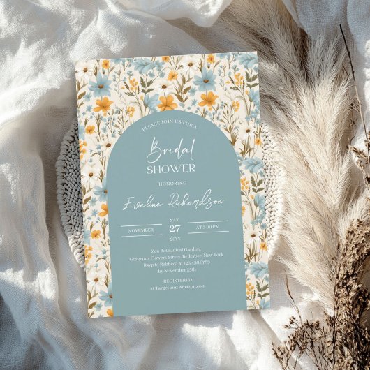 Boho arch Aquarellblau-gelbe Wildblumen Einladung