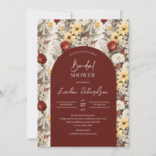 Boho arch Aquarellfarbe rot gelbe Wildblume Einladung (Vorderseite)