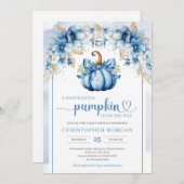 Boho arch Aquarellkürbis dustiges blaues Gold Einladung (Vorne/Hinten)