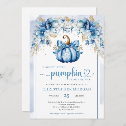 Boho arch Aquarellkürbis dustiges blaues Gold Einladung (Vorne/Hinten)