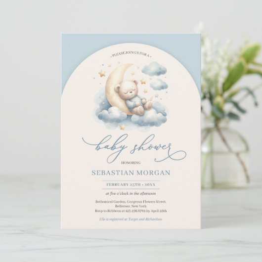 Boho arch Aquarellteddy Bär blau und Elfenbein Einladung (Stehend Vorderseite)