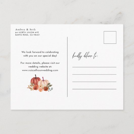 Boho Arch Autumn Pumpkin Terracotta Save the Date Ankündigungspostkarte (Rückseite)