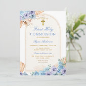 Boho Arch Blue Floral First Heilige Kommune Kreuz Einladung (Stehend Vorderseite)