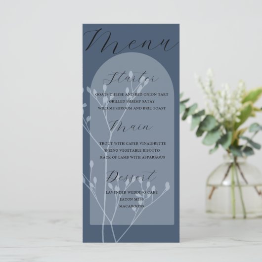 Boho Arch Blue Foliage Wedding Menu Menükarte (Stehend Vorderseite)