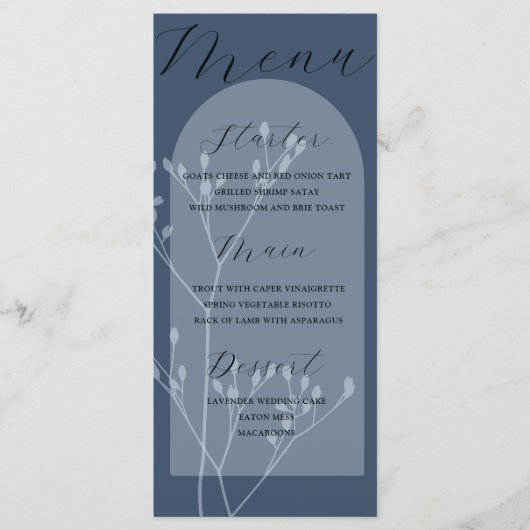 Boho Arch Blue Foliage Wedding Menu Menükarte (Vorderseite)