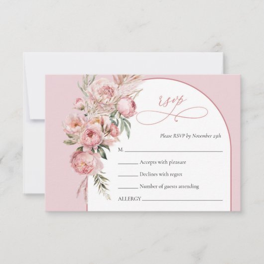 Boho arch blush peonies pampas grass rsvp card (Vorderseite)