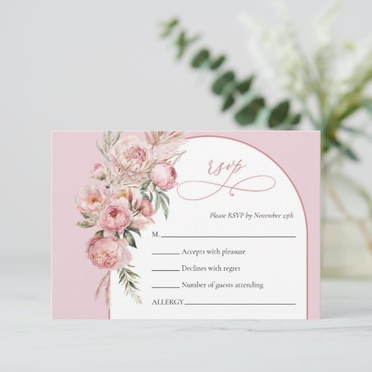Boho arch blush peonies pampas grass rsvp card (Stehend Vorderseite)