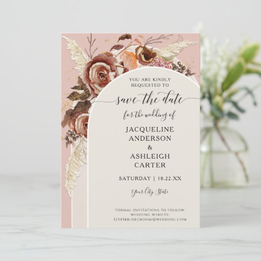 BOHO Arch BOHO Fall Blumenrot Pink Pampelgras Save The Date (Stehend Vorderseite)