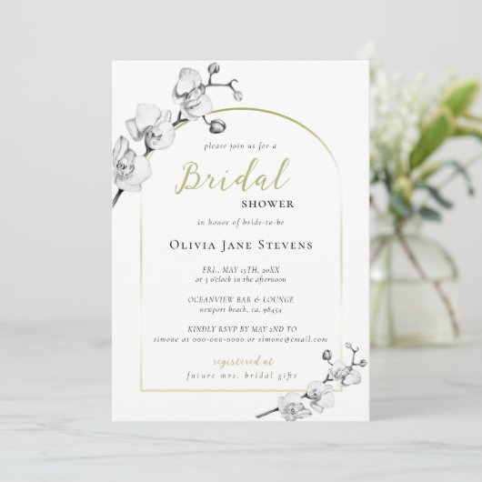 Boho Arch BW Gold Orchids Brautparty Einladung (Stehend Vorderseite)