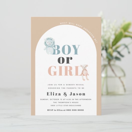 Boho Arch Desert Boy oder Girl Gender Reveal Einladung (Stehend Vorderseite)