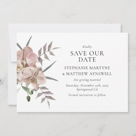 Boho Arch Dusty Orchids Foto Wedding Save The Date (Rückseite)