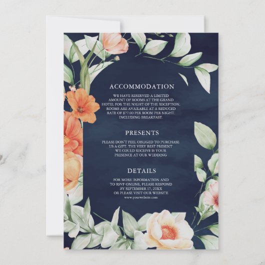 Boho Arch Earthy Floral All in one Navy Hochzeit Einladung (Rückseite)