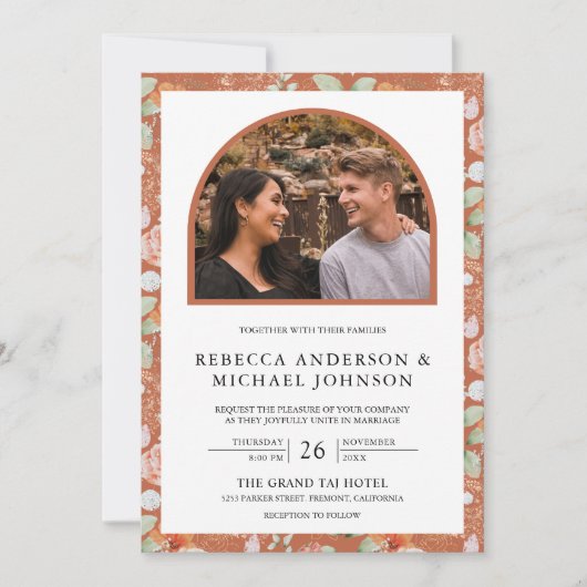 Boho Arch Earthy Floral All in one Wedding Einladung (Vorderseite)