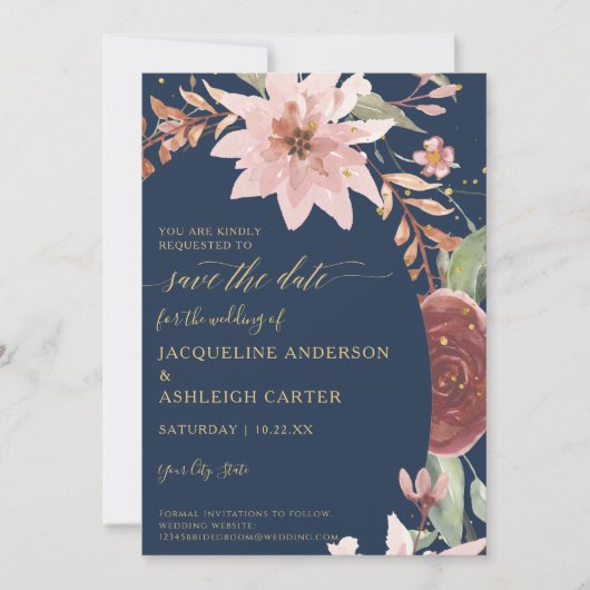 BOHO Arch Eleganter Marineschwarm in Roter Flora w Save The Date (Vorderseite)