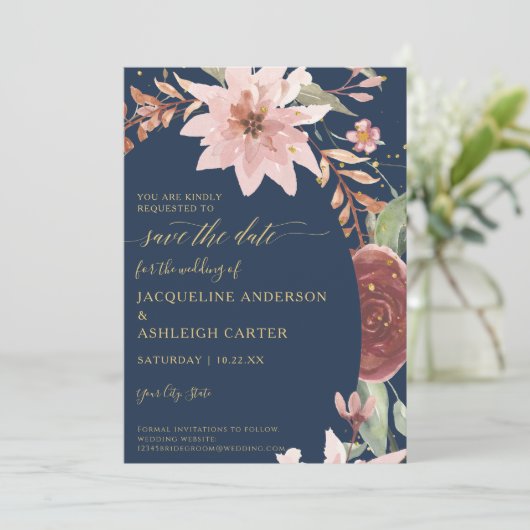 BOHO Arch Eleganter Marineschwarm in Roter Flora w Save The Date (Stehend Vorderseite)