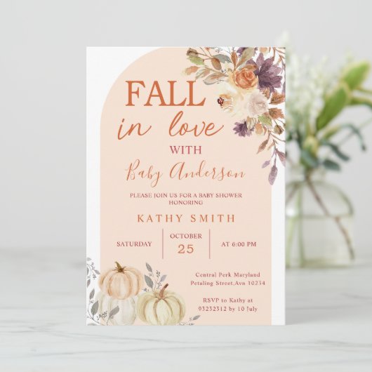 Boho Arch Fall In Liebe Babydusche rustikale Blüte Einladung (Stehend Vorderseite)