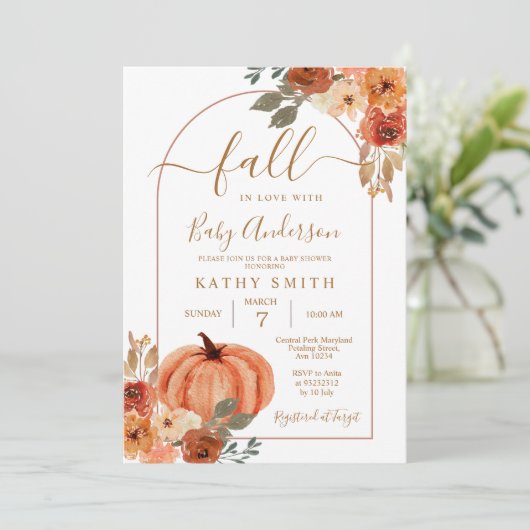 Boho Arch Fall In Liebe Babydusche rustikale Blüte Einladung (Stehend Vorderseite)