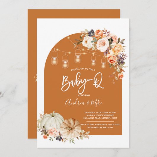 Boho Arch Fall Pumpkin BabyQ Baby Shower Einladung (Vorne/Hinten)