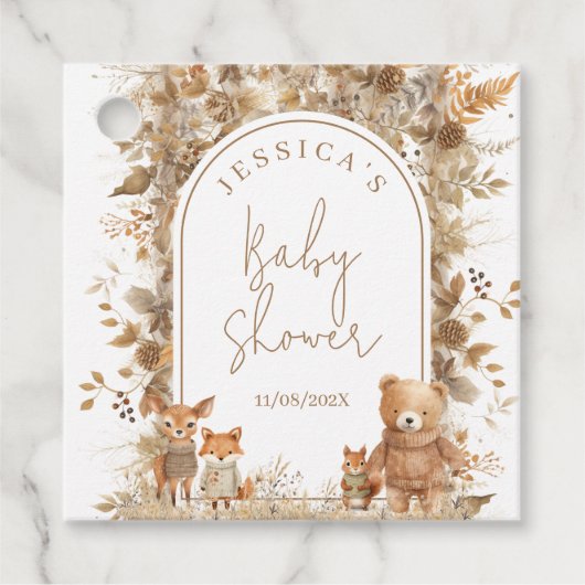 Boho Arch Fall Woodland Animals Baby Dusche Geschenkanhänger (Vorderseite)