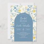 Boho arch farbige hellblaugelbe Wildblumen Einladung (Vorderseite)