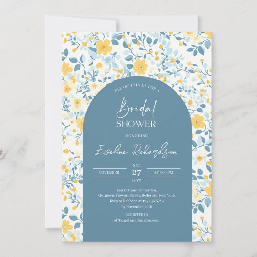 Boho arch farbige hellblaugelbe Wildblumen Einladung (Vorderseite)