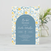 Boho arch farbige hellblaugelbe Wildblumen Einladung (Stehend Vorderseite)