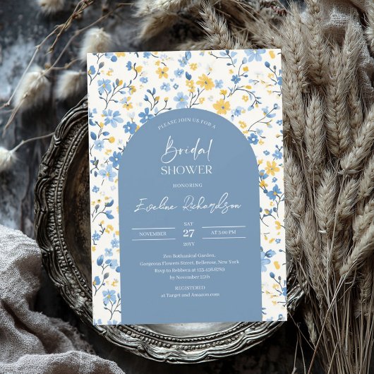 Boho arch farbige hellblaugelbe Wildblumen Einladung