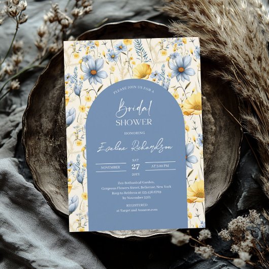 Boho arch farbige hellblaugelbe Wildblumen Einladung