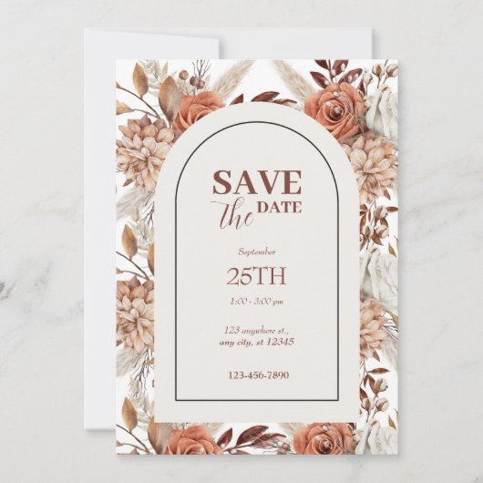 Boho Arch Floral Terracotta Save the Date Fall Einladung (Vorderseite)
