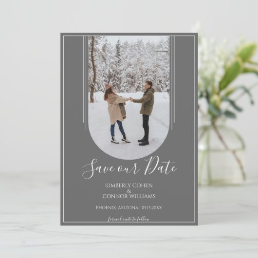Boho Arch Foto Save the Date | Grau (Stehend Vorderseite)